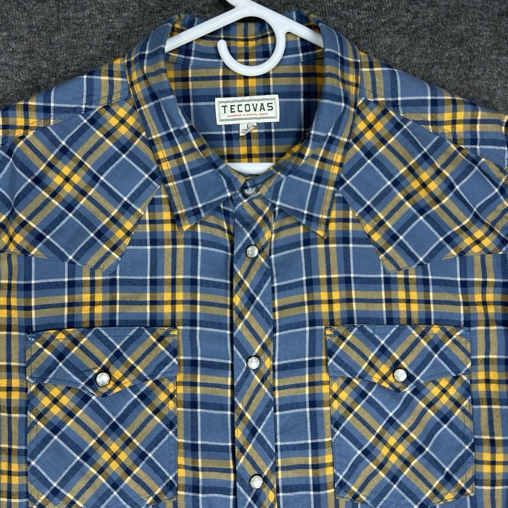 Tecovas Shirt Mens L Blue Yellow Plaid Western Rodeo Cowboy Pearl Snap